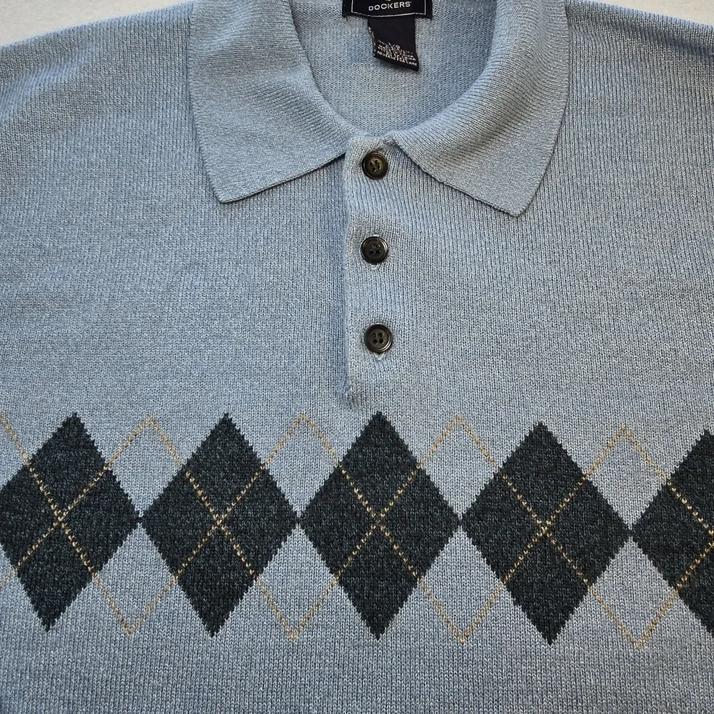 Dockers Men's Argyle Polo Sweater Blue Knit Pullover Vintage Old Money Preppy L‎